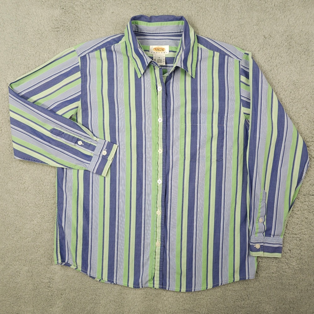 VTG Talbots Top Women SP Petite Blue Green White Striped Button Up Casual Career